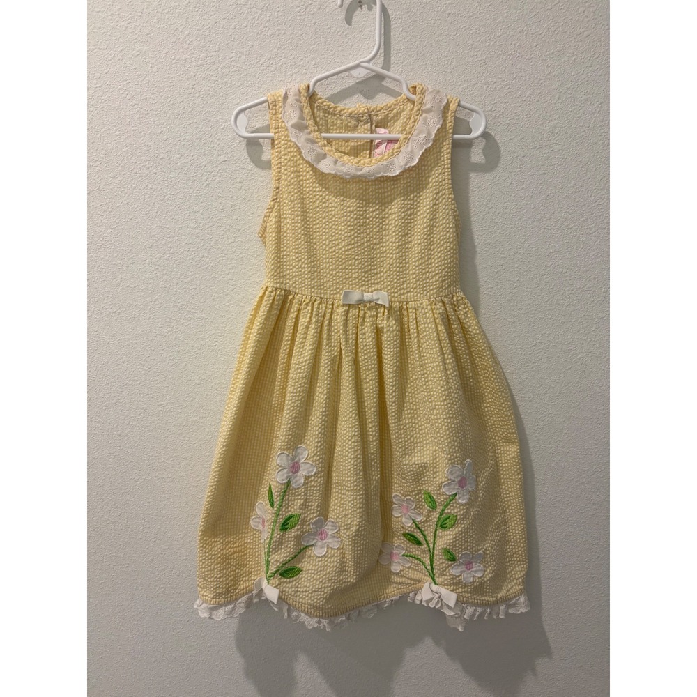 Emily West Girls Yellow Gingham Seersucker Floral Eyelet Lace Dress Size 7